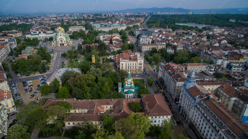 Obraz na płótnie Aerial photo of city center Sofia with the Russian church St. Nikolay in the middle, Sofia, Bulgaria w salonie