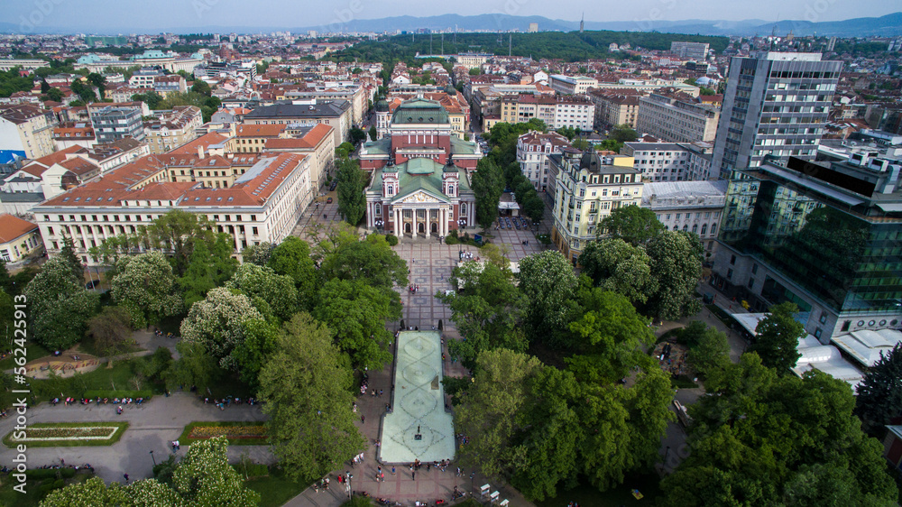 Obraz na płótnie Drone photo of city center Sofia, Bulgaria, with the building of the National Theater Ivan Vazov in the middle w salonie