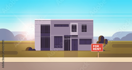 Modern house exterior real estate rent sign and urban building facade horizontal flat vector illustration.