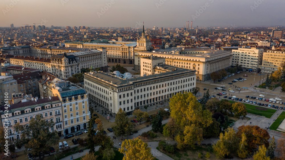 Drone photo of old buildings in Sofia city center, Bulgaria, at sunset