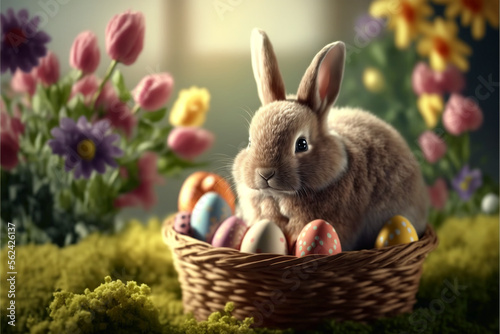 Little cute Easter bunny with eggs Generative AI