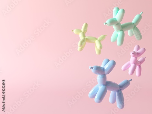 Party dog made from balloons. Abstract dogs floating. Fantasy animal balloon dog. 3d render illustration isolated on pastel pink background, minimal banner for kids center, baby fun 