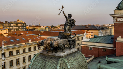 Drone photo of a statue on the roof of the Nationa Theatre Ivan Vazov building in Sofia, Bulgaria photo