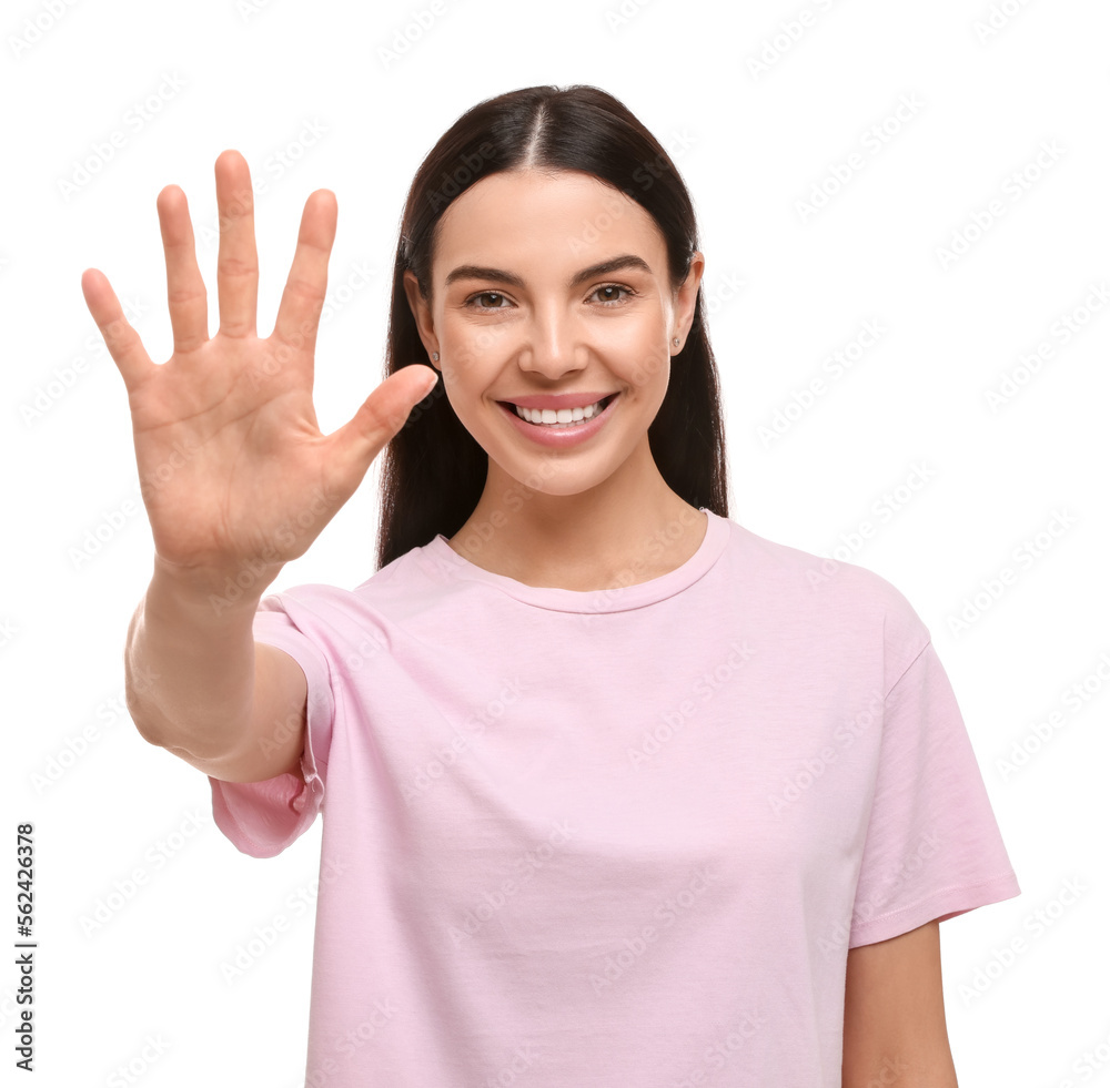 Happy woman giving high five on white background Happy woman giving high five on white background
