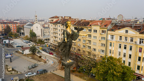 Drone image of the statue of ST. Sophia (Sofia) in Sofia city center, Bulgaria