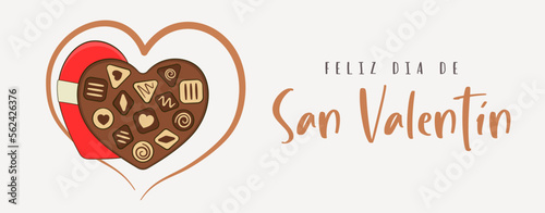 Happy Valentine's Day, lettering in Spanish (Feliz día de San Valentín). Chocolate candy with heart-shaped box. Cartoon. Vector illustration