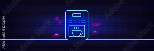 Neon light glow effect. Coffee maker line icon. Vending machine sign. Make tea symbol. 3d line neon glow icon. Brick wall banner. Coffee maker outline. Vector