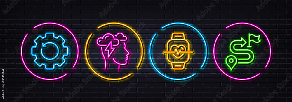 Mindfulness stress, Cardio training and Recovery gear minimal line icons. Neon laser 3d lights. Journey icons. For web, application, printing. Cloud storm, Fitness watch, Backup info. Vector
