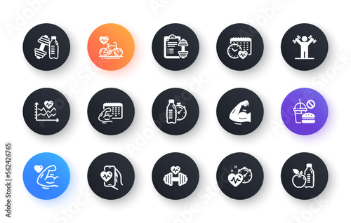 Fitness time icons. Strong Muscle Arm, Bike Workout, Gym fit dumbbell. Training analysis, Workout plan and Cardio exercise icons. Dumbbell sport equipment, Healthy food, Muscle. Vector