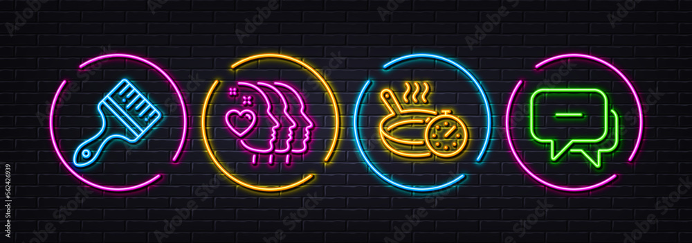 Brush, Frying pan and Friends couple minimal line icons. Neon laser 3d lights. Message icons. For web, application, printing. Art brush, Cooking timer, Friendship. Chat bubble. Vector
