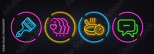 Brush, Frying pan and Friends couple minimal line icons. Neon laser 3d lights. Message icons. For web, application, printing. Art brush, Cooking timer, Friendship. Chat bubble. Vector