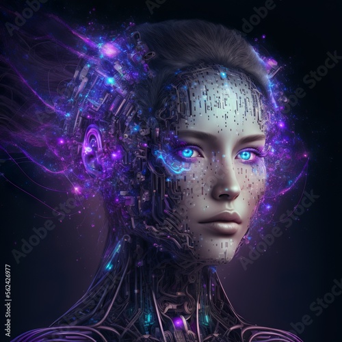 brand new Artificial intelligence, a humanoid cyber girl with a neural network thinks., Artificial intelligence with a digital brain is learning to process big data Generative AI 