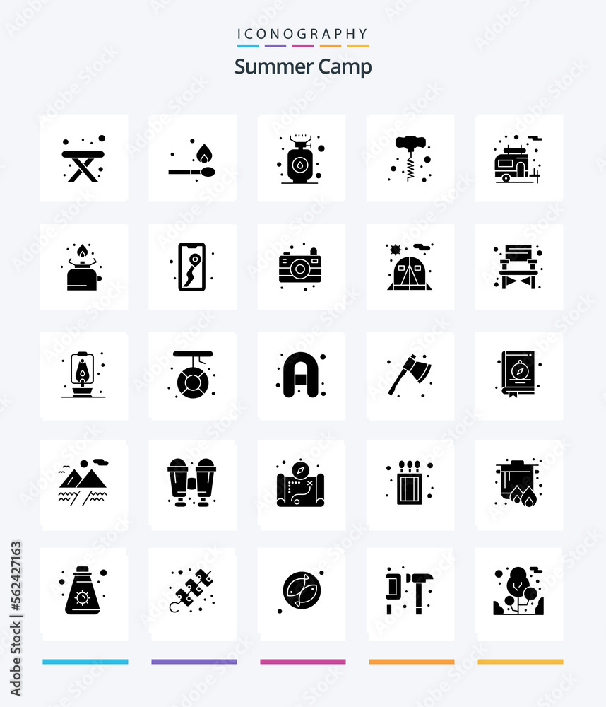 Creative Summer Camp 25 Glyph Solid Black icon pack  Such As cooking. motorhome. gas. camping. power tools