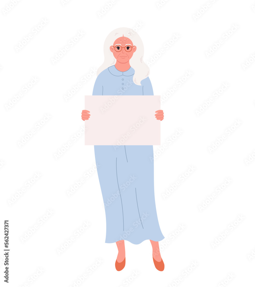 Old woman holding clean empty banner or placard. Activism, social movement. Democracy, rally and protest. Vector illustration in flat style Old woman holding clean empty banner or placard. Activism, social movement. Democracy, rally and protest. Vector illustration in flat style