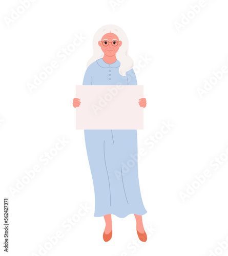 Old woman holding clean empty banner or placard. Activism, social movement. Democracy, rally and protest. Vector illustration in flat style