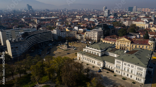 Aerial view of the building of the Bulgarian Parliament and the monument of Tsar Liberator, Sofia, Bulgaria