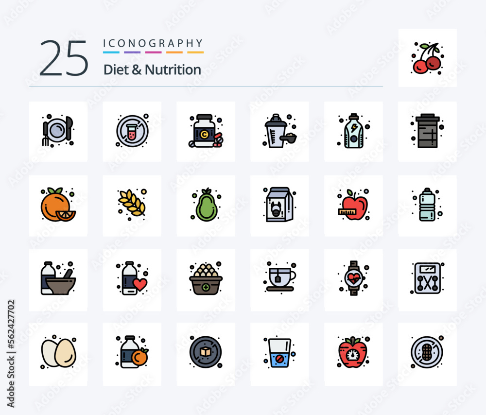 Diet And Nutrition 25 Line Filled icon pack including protein. fitness. drug. diet. nutrition supplement