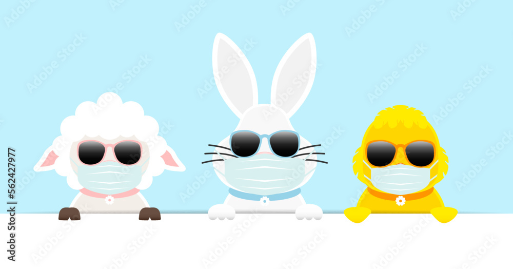 Schaf, Weißer Osterhase & Küken Maske Sonnenbrille Banner Himmel