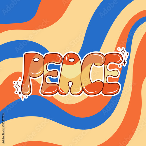 Handwritten retro groovy poster. Peace word on a rainbow background. Hippie and boho style.