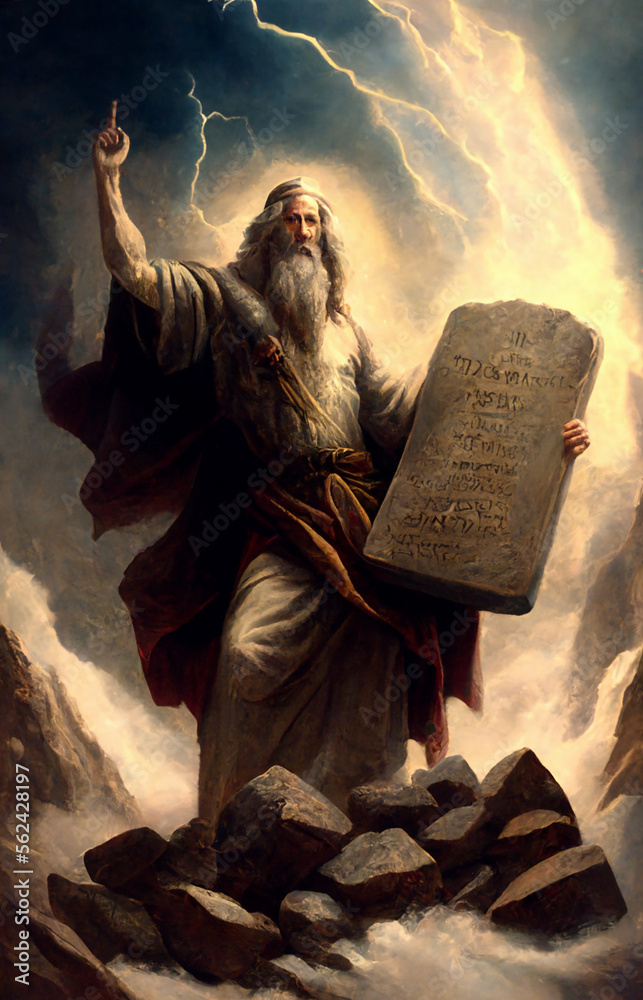 Prophet Moses with stone tablet painting created with Generative AI