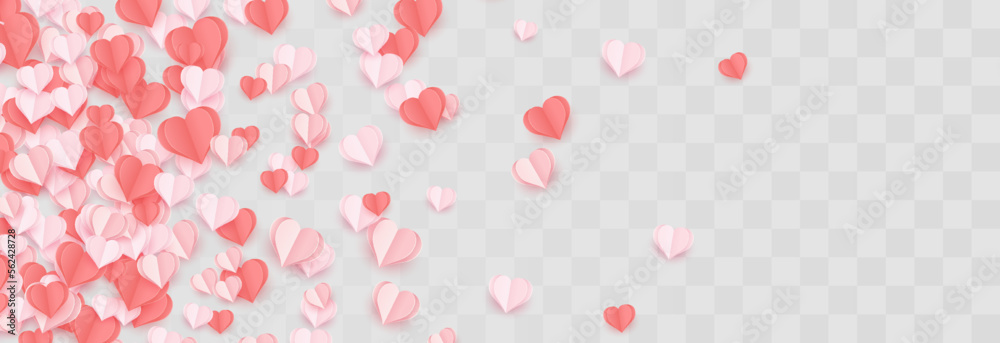 Paper flying hearts isolated on png background. Love symbol for Happy Women's, Mother's, Valentine's Day and birthday celebration. Vector illustration on transparent background