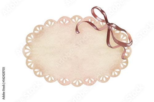 Oval beige lace doily with red bow. Place for inscription or text. Watercolor illustration. Isolated on a white background. For design of stickers, greeting cards, wedding invitation, scrapbooking