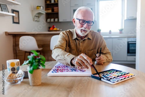 Senior Caucasian man painting at her home. photo