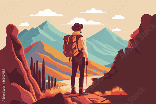 Backpack standing on top of mountain. Tourist man looking on the mountain. Young and strong male character.