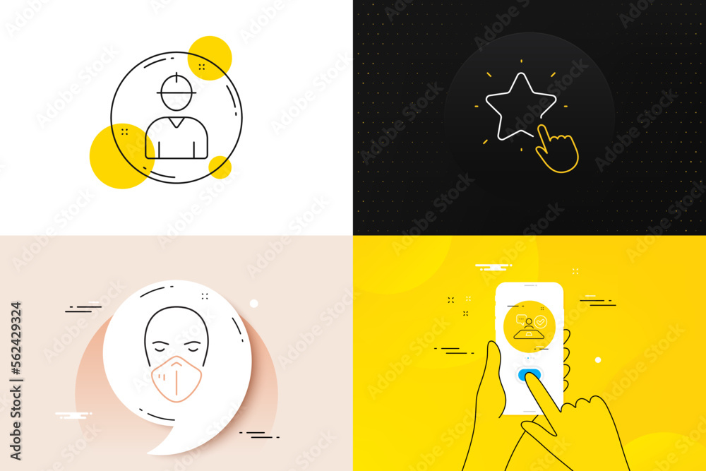 Minimal set of Medical mask, Job interview and Engineer line icons. Phone screen, Quote banners. Ranking star icons. For web development. Respirator, Accepted worker, Worker profile. Vector Minimal set of Medical mask, Job interview and Engineer line icons. Phone screen, Quote banners. Ranking star icons. For web development. Respirator, Accepted worker, Worker profile. Vector