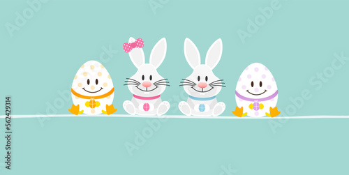 2 Weiße Osterhasen Mädchen & Junge & 2 Ostereier Banner Türkis