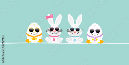 2 Weiße Osterhasen Mädchen & Junge & 2 Ostereier Sonnenbrille Banner Türkis
