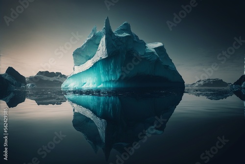 Large iceberg and its reflection on the ocean water. Arctic landscape