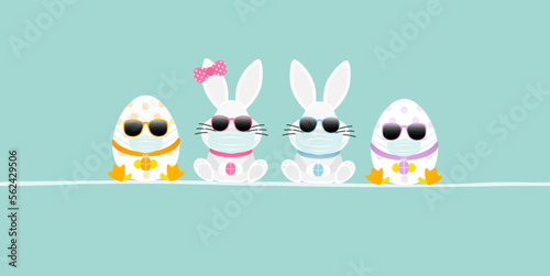 2 Weiße Osterhasen Mädchen & Junge & 2 Ostereier Maske Sonnenbrille Banner Türkis
