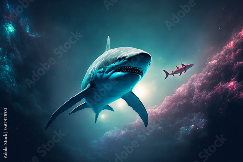 Shark swims in space. AI generation