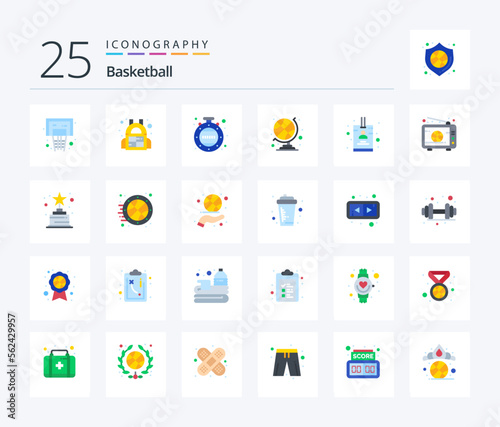 Basketball 25 Flat Color icon pack including basketball. id. minutes. card. sports club globe