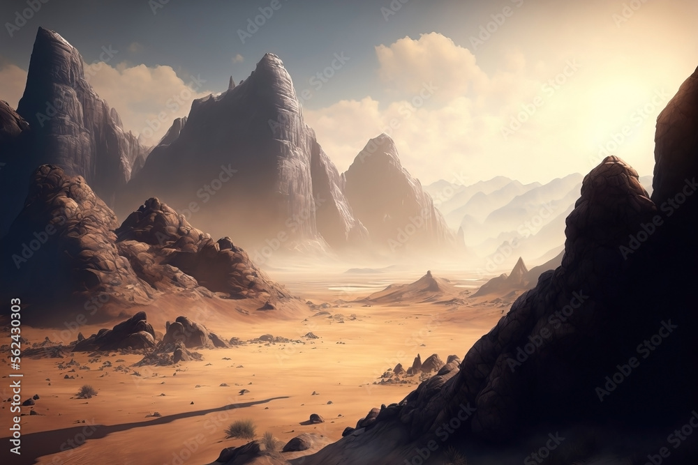 ภาพประกอบสต็อก Dry Fantasy desert landscape. Dry desolate Mountain