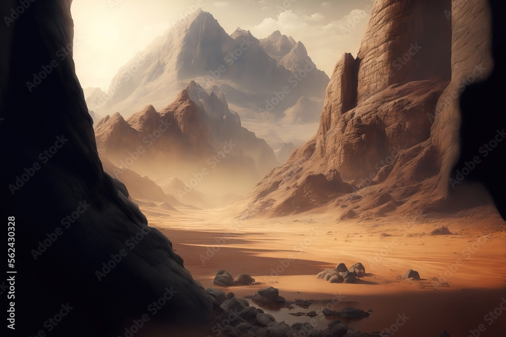 Dry Fantasy desert landscape. Dry desolate Mountain formation. Canyons