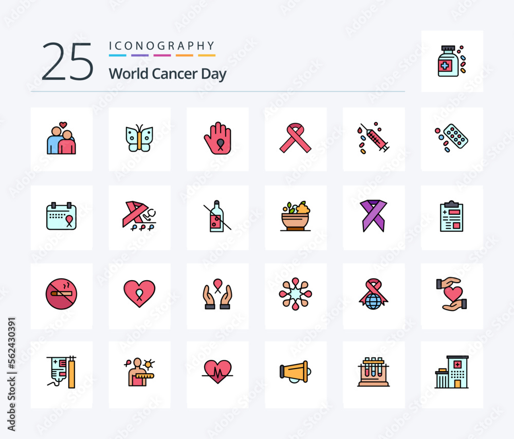 World Cancer Day 25 Line Filled icon pack including awareness. hand. freedom. stop. cancer