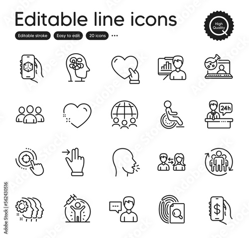 Set of People outline icons. Contains icons as Vaccine protection, Touchscreen gesture and 3d app elements. Volunteer, Employees teamwork, Inspect web signs. Disability, Global business. Vector