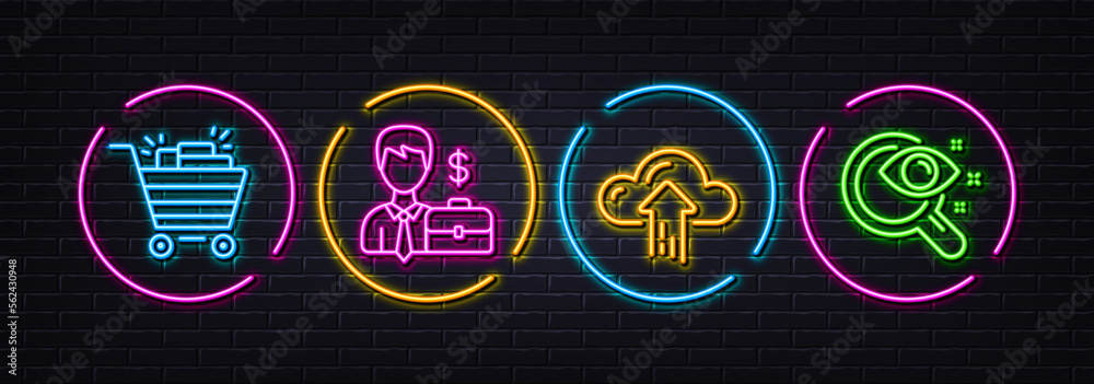 Shopping cart, Businessman case and Cloud upload minimal line icons. Neon laser 3d lights. Vision test icons. For web, application, printing. Gifts, Human resources, File storage. Vector