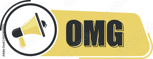 Omg. Megaphone message with text on yellow background. Megaphone banner. Web design.