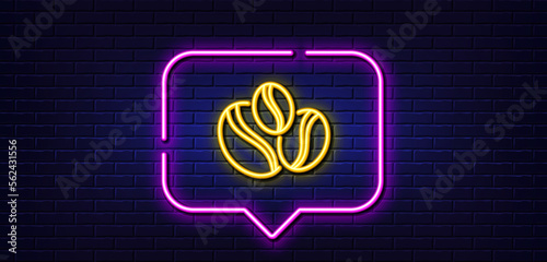Neon light speech bubble. Coffee beans line icon. Hot drink sign. Whole bean beverage symbol. Neon light background. Coffee-berry beans glow line. Brick wall banner. Vector