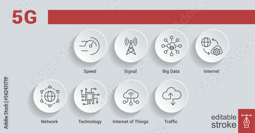 5G banner web icon for business and technology, speed, signal, network, technology, big data, Iot and traffic icons. Minimal vector infographic. Vector illustration. Editable stroke EPS 10.