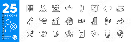 Outline icons set. Ice tea, Entrance and Musical note icons. Search book, Buildings, Scroll down web elements. Wallet, Animal tested, Electricity power signs. Crown, Food, Graph chart. Vector