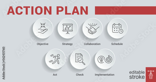 Action plan banner web icon for business and marketing. objective, strategy, Collaboration, Schedule, Plan and implementation. Minimal vector infographic. Editable stroke EPS 10.