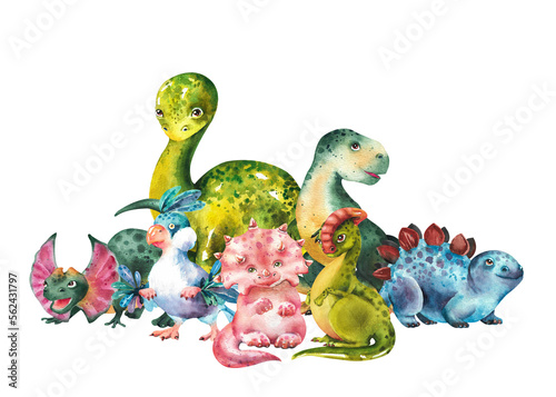 Watercolor dinosaurs. Set of various small dinosaurs