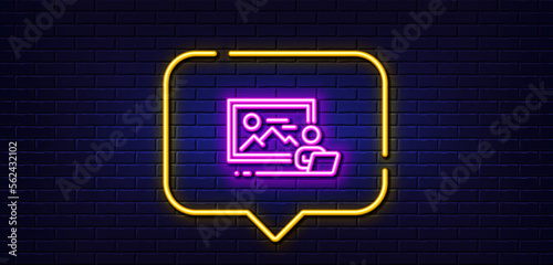 Neon light speech bubble. Photo studio line icon. Image photography sign. Picture placeholder symbol. Neon light background. Photo studio glow line. Brick wall banner. Vector