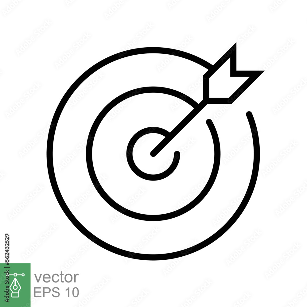 Target icon. Simple outline style. Focus accuracy dart, arrow dartboard hit, goal, objective, opportunity, business concept. Line symbol. Vector illustration isolated on white background. EPS 10. Target icon. Simple outline style. Focus accuracy dart, arrow dartboard hit, goal, objective, opportunity, business concept. Line symbol. Vector illustration isolated on white background. EPS 10.