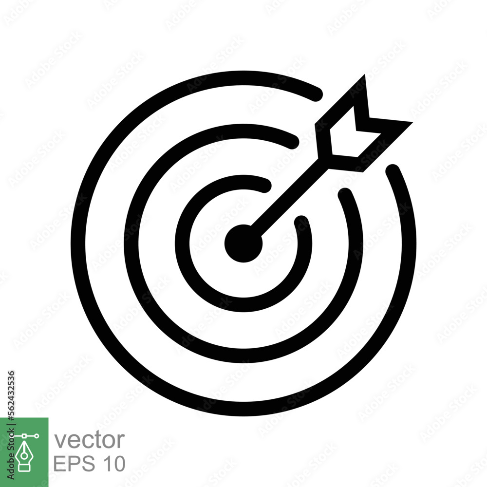Target icon. Simple outline style. Focus accuracy dart, arrow dartboard hit, goal, objective, opportunity, business concept. Line symbol. Vector illustration isolated on white background. EPS 10. Target icon. Simple outline style. Focus accuracy dart, arrow dartboard hit, goal, objective, opportunity, business concept. Line symbol. Vector illustration isolated on white background. EPS 10.