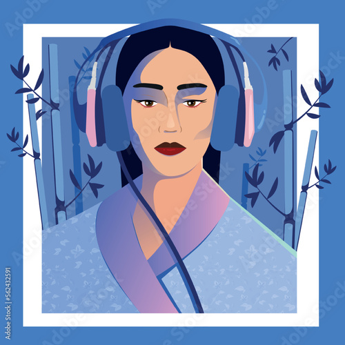 A woman in a headset listening to music